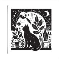 A silhouette black cat in an illustration frame with a floral design on its back silhouette design Print vector