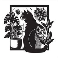 A silhouette black cat in an illustration frame with a floral design on its back silhouette design Print vector