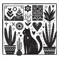 A silhouette black cat in an illustration frame with a floral design on its back silhouette design Print vector