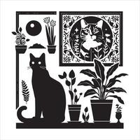 A silhouette black cat in an illustration frame with a floral design on its back silhouette design Print vector