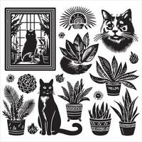 A silhouette black cat in an illustration frame with a floral design on its back silhouette design Print vector