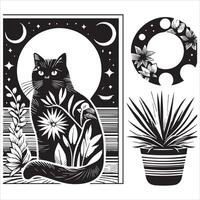 A silhouette black cat in an illustration frame with a floral design on its back silhouette design Print vector