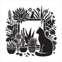 A silhouette black cat in an illustration frame with a floral design on its back silhouette design Print vector