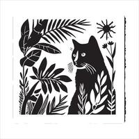 A silhouette black cat in an illustration frame with a floral design on its back silhouette design Print vector