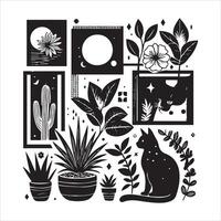 A silhouette black cat in an illustration frame with a floral design on its back silhouette design Print vector
