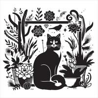 A silhouette black cat in an illustration frame with a floral design on its back silhouette design Print vector