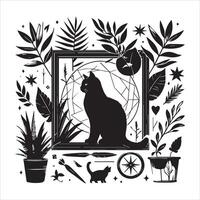A silhouette black cat in an illustration frame with a floral design on its back silhouette design Print vector