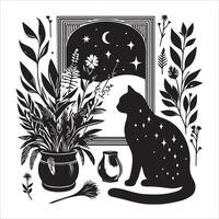 A silhouette black cat in an illustration frame with a floral design on its back silhouette design Print vector