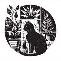 A silhouette black cat in an illustration frame with a floral design on its back silhouette design Print vector