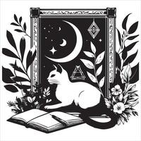 A silhouette black cat in an illustration frame with a floral design on its back silhouette design Print vector