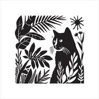 A silhouette black cat in an illustration frame with a floral design on its back silhouette design Print vector