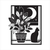 A silhouette black cat in an illustration frame with a floral design on its back silhouette design Print vector