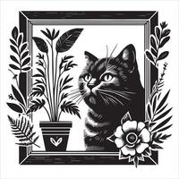 A silhouette black cat in an illustration frame with a floral design on its back silhouette design Print vector
