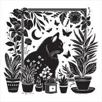A silhouette black cat in an illustration frame with a floral design on its back silhouette design Print vector