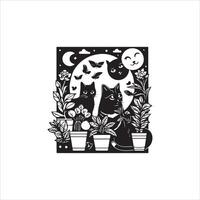 A silhouette black cat in an illustration frame with a floral design on its back silhouette design Print vector