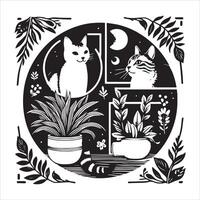 A silhouette black cat in an illustration frame with a floral design on its back silhouette design Print vector