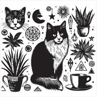 A silhouette black cat in an illustration frame with a floral design on its back silhouette design Print vector