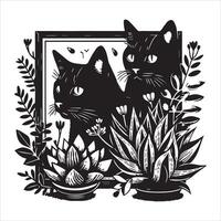 A silhouette black cat in an illustration frame with a floral design on its back silhouette design Print vector