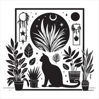 A silhouette black cat in an illustration frame with a floral design on its back silhouette design Print vector
