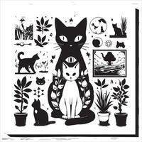 A silhouette black cat in an illustration frame with a floral design on its back silhouette design Print vector