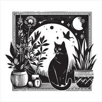 A silhouette black cat in an illustration frame with a floral design on its back silhouette design Print vector