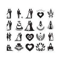 bride groom, unique floral half moon love black silhouette bride groom unique design icons bundle with withe backgrounds vector