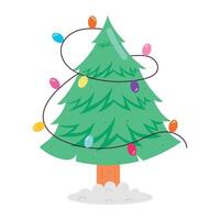 A flat style sticker with xmas tree with decorative lights vector
