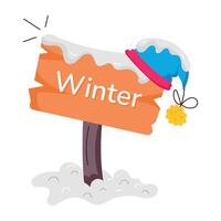 A flat style sticker of winter board with beanie on it vector