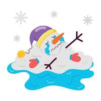 A flat style mascot of crying melting snowman vector