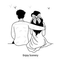 WebRomantic couple enjoy scenery, doodle mini illustration vector