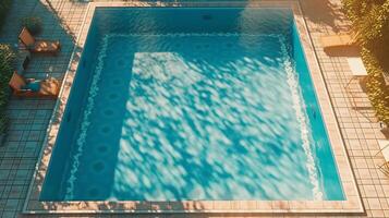 Swimming pool with sun reflections on water. Top view of swimming pool. photo