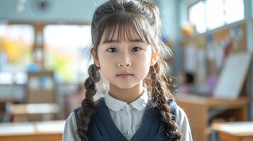 Portrait of asian little girl in school uniform looking at camera photo