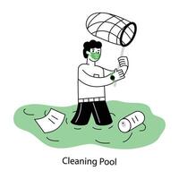 A character based linear mini illustration of cleaning pool vector