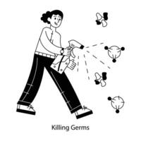 This outline illustration showing person killing germs with spray vector