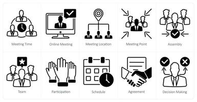 A set of 10 meeting icons as meeting time, online meeting, meeting location vector