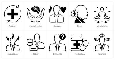 A set of 10 mental health icons as recovery, mental health, behaviour vector