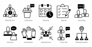 A set of 10 meeting icons as meeting time, conference, schedule vector