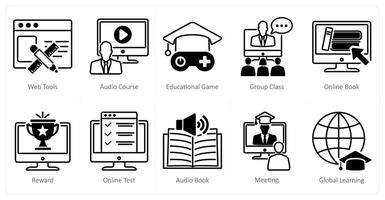 A set of 10 online education icons as web tools, audio course, educational game vector