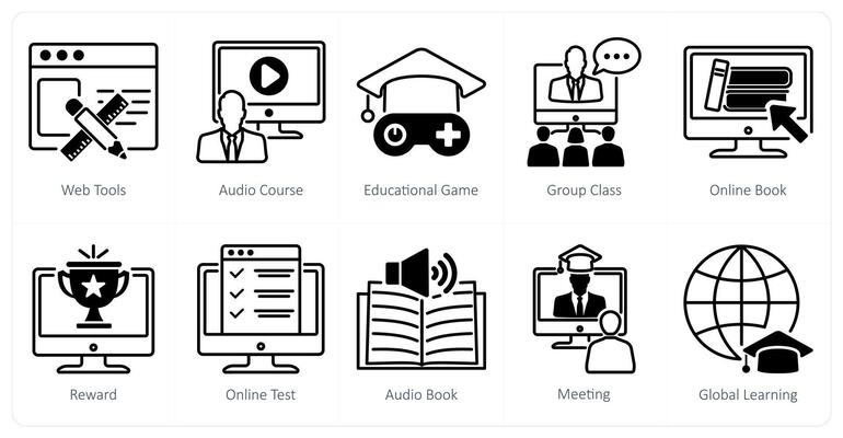 A set of 10 online education icons as web tools, audio course, educational game