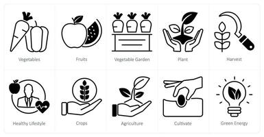 A set of 10 organic farming icons as vegetables, fruits, vegetable garden vector