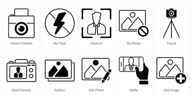 A set of 10 photography icons as instant camera, no flash vector
