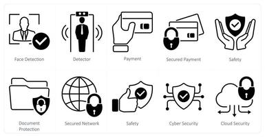 A set of 10 security icons as face detection, detector, payment, secured payment vector