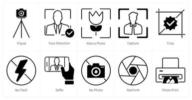 A set of 10 photography icons as tripod, face detection, macro photo vector