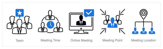 A set of 5 Meeting icons as team, meeting time, online meeting vector