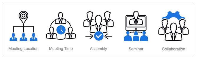 A set of 5 Meeting icons as meeting location, meeting time, assembly vector