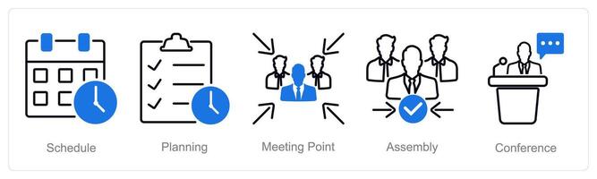 A set of 5 Meeting icons as schedule, planning, meeting point, assembly vector