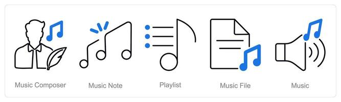 A set of 5 Music icons as music composer, music note, playlist vector