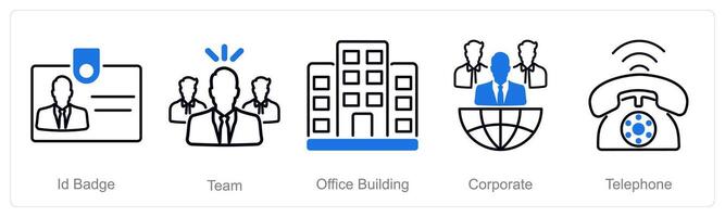 A set of 5 Office icons as id badge, team, office building vector