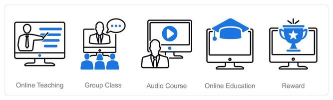 A set of 5 Online Education icons as online teaching, group class, audio course vector