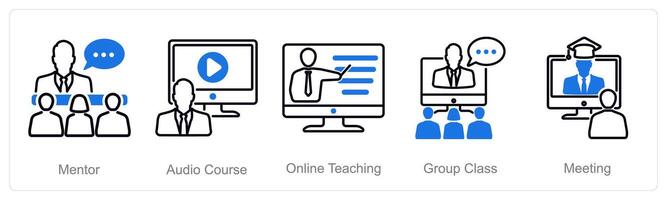 A set of 5 Online Education icons as mentor, audio course, online teaching vector